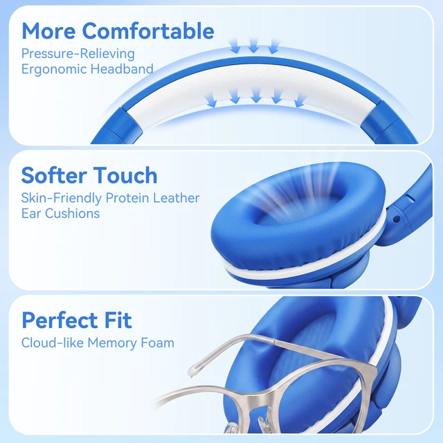 Alt view image 6 of 7 - USB C Wired Over Ear Headphones for School with Mic, Volume Control, Blue Lightweight Foldable Corded Headphone for Teens Classroom Travel Airplane, 4.9ft Tangle-Free Cord for Phone Tablet Laptop PC