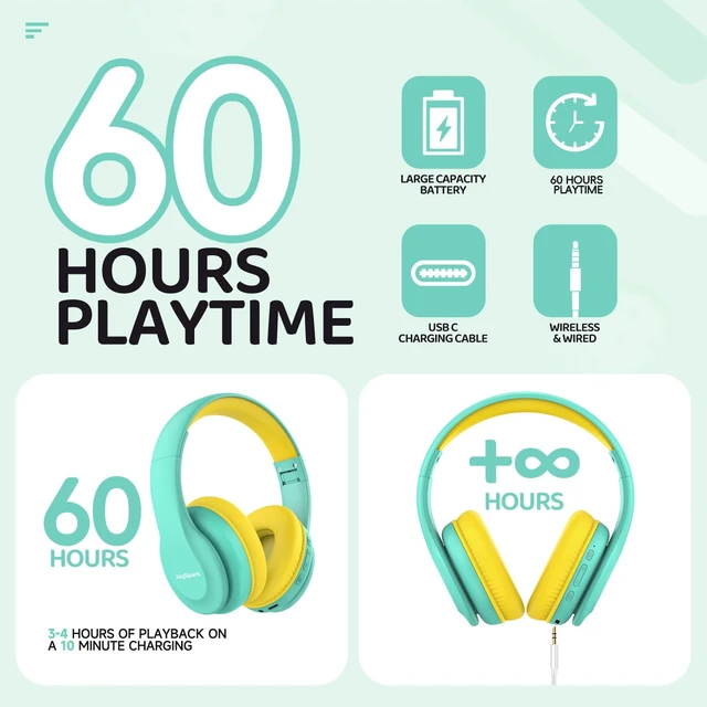 Alt view image 4 of 7 - Kids Bluetooth Headphones Over-Ear, 60Hrs, Built-in Mic-Green 85/94dB Volume Limited, Bluetooth 5.3, Stereo Sound, Lightweight Kids Wireless Headphones for Kids Toddler Travel School
