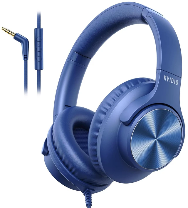 Main image of Wired Headphones with Mic, Over-Ear 3.5mm Corded Headphone for School Blue Foldable Plug in Headphones for Teens Classroom Travel, 4.9ft Tangle-Free Cord with Volume Control for Phone Tablet Laptop
