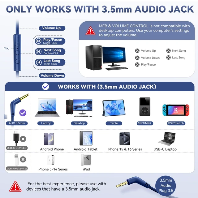 Alt view image 3 of 7 - Wired Headphones with Mic, Over-Ear 3.5mm Corded Headphone for School Blue Foldable Plug in Headphones for Teens Classroom Travel, 4.9ft Tangle-Free Cord with Volume Control for Phone Tablet Laptop