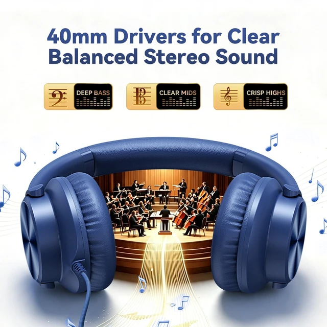 Alt view image 2 of 7 - Wired Headphones with Mic, Over-Ear 3.5mm Corded Headphone for School Blue Foldable Plug in Headphones for Teens Classroom Travel, 4.9ft Tangle-Free Cord with Volume Control for Phone Tablet Laptop