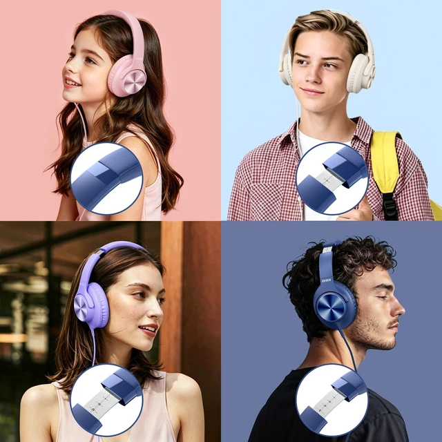 Alt view image 4 of 7 - Wired Headphones with Mic, Over-Ear 3.5mm Corded Headphone for School Blue Foldable Plug in Headphones for Teens Classroom Travel, 4.9ft Tangle-Free Cord with Volume Control for Phone Tablet Laptop