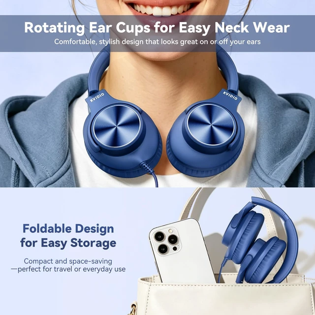 Alt view image 5 of 7 - Wired Headphones with Mic, Over-Ear 3.5mm Corded Headphone for School Blue Foldable Plug in Headphones for Teens Classroom Travel, 4.9ft Tangle-Free Cord with Volume Control for Phone Tablet Laptop
