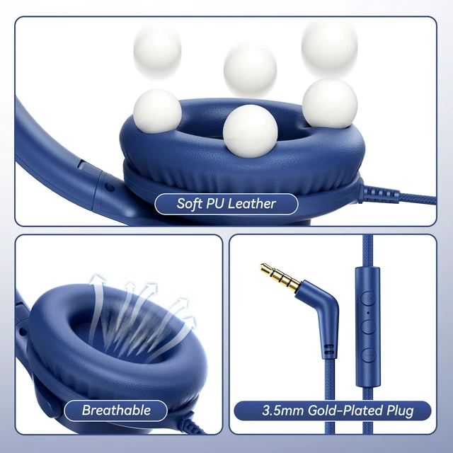 Alt view image 7 of 7 - Wired Headphones with Mic, Over-Ear 3.5mm Corded Headphone for School Blue Foldable Plug in Headphones for Teens Classroom Travel, 4.9ft Tangle-Free Cord with Volume Control for Phone Tablet Laptop