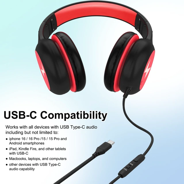 Alt view image 7 of 7 - Kids Headphones Wired with Microphone, USB Type C Headphones for Kids Girls Boys with Cord/LED Lights/85/94dB Volume Limit, Portable Over Ear Headphones for School/Travel/Tablet/iPad