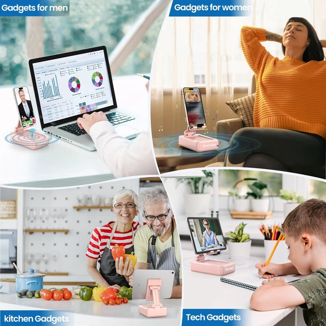 Alt view image 3 of 7 - Bluetooth Speaker with Cell Phone Stand,Gifts for Men Tech Gadgets Big Sound & Clear Bass, Wireless Audio Speaker Stand for iPhone/Android, Foldable Adjustable Phone Holder for Home Office