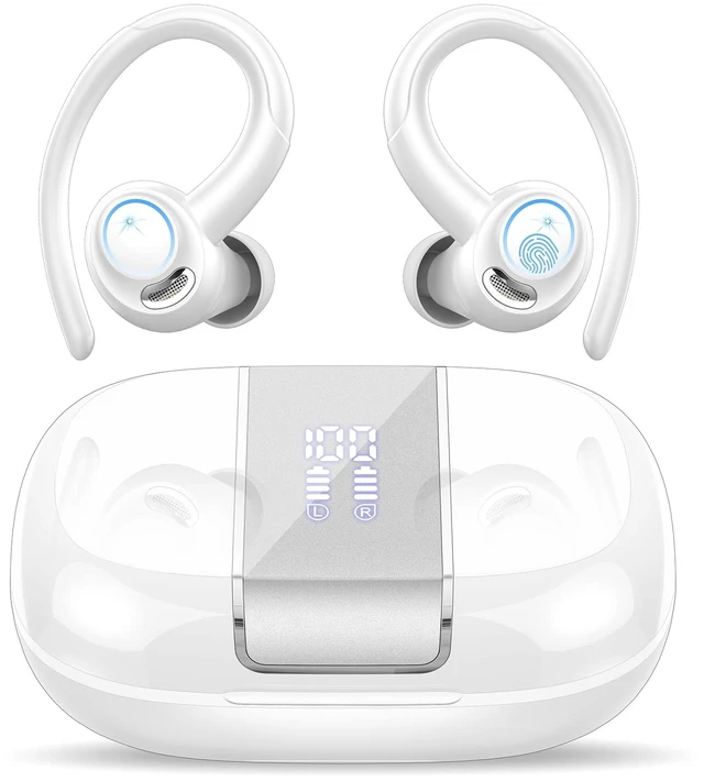 Main image of Wireless Sports Earbuds with Earhooks, 48H Deep Bass/ENC Mic Ear Bud White Wireless Earphone with LED Display, Bluetooth 5.3 Headphones In Ear, IPX7 Waterproof Over Ear Buds for Running/Workout