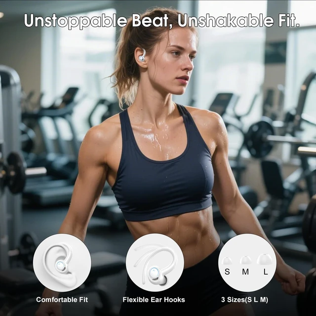 Alt view image 4 of 7 - Wireless Sports Earbuds with Earhooks, 48H Deep Bass/ENC Mic Ear Bud White Wireless Earphone with LED Display, Bluetooth 5.3 Headphones In Ear, IPX7 Waterproof Over Ear Buds for Running/Workout