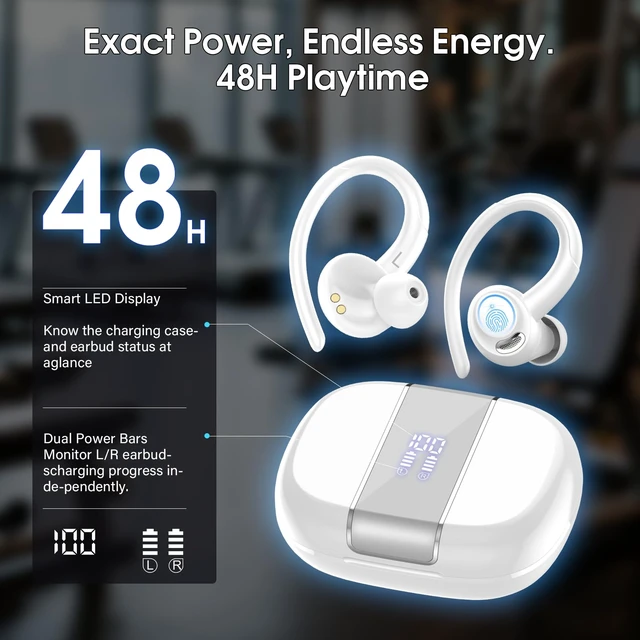 Alt view image 5 of 7 - Wireless Sports Earbuds with Earhooks, 48H Deep Bass/ENC Mic Ear Bud White Wireless Earphone with LED Display, Bluetooth 5.3 Headphones In Ear, IPX7 Waterproof Over Ear Buds for Running/Workout