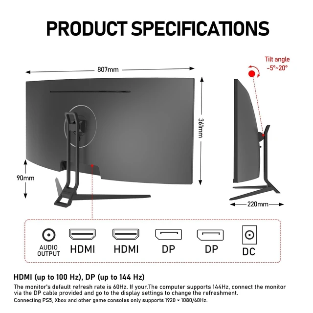 Alt view image 7 of 7 - 34 Inch Ultrawide Curved 144Hz Gaming Monitor,UWQHD PC Screen 21:9 aspect ratio,3440x1440 Resolution,1500R,99%sRGB,Adaptive Sync,178° Viewing Angle,Display Port 1.4HDMI 2.0,Black