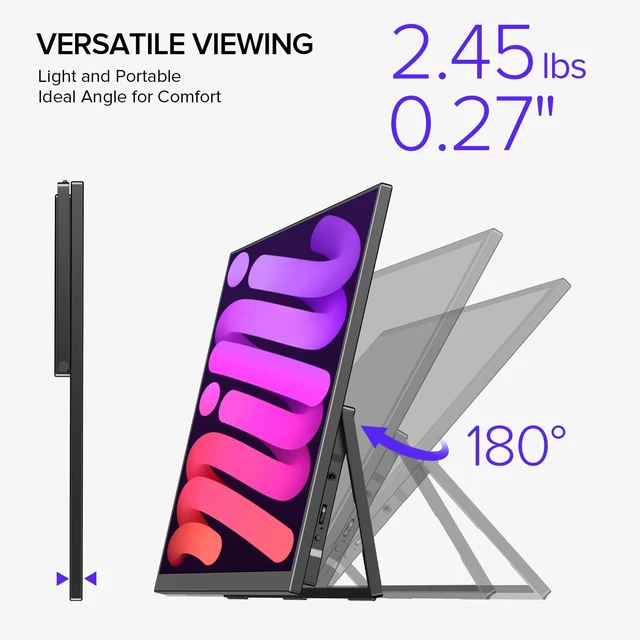 Alt view image 6 of 7 - 18.5" 120Hz Portable Monitor, 125% sRGB Laptop Gaming Display 1080P, HDR, FreeSync, 350 Nits Brightness, VESA Support, Stand Included, USB-C & Mini HDMI Screen for Gaming & Travel