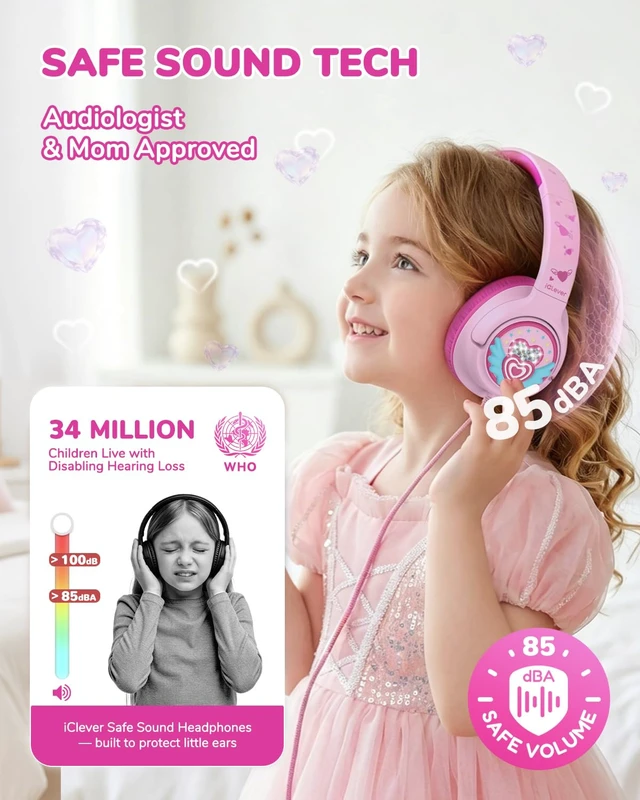 Alt view image 2 of 7 - C371 Kids Headphones with Cord for School Boys Girls Travel Gift SafeSound Tech3.0, Stereo Sound, 3.5mm Jack, Foldable, Durable Headband, Safe Wired Headphones for Kids, Macaron Pink