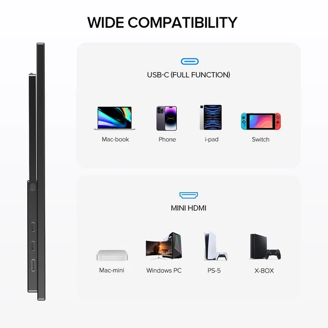Alt view image 7 of 7 - 17.5" Portable Monitor, 125% sRGB, 400 Nits IPS Display 1920×1200 FHD, 16:10, USB-C & HDMI, Adjustable Stand, Eye Care Screen Extender for Laptop, MacBook & Gaming