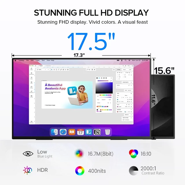 Alt view image 6 of 7 - 17.5" Portable Monitor, 125% sRGB, 400 Nits IPS Display 1920×1200 FHD, 16:10, USB-C & HDMI, Adjustable Stand, Eye Care Screen Extender for Laptop, MacBook & Gaming