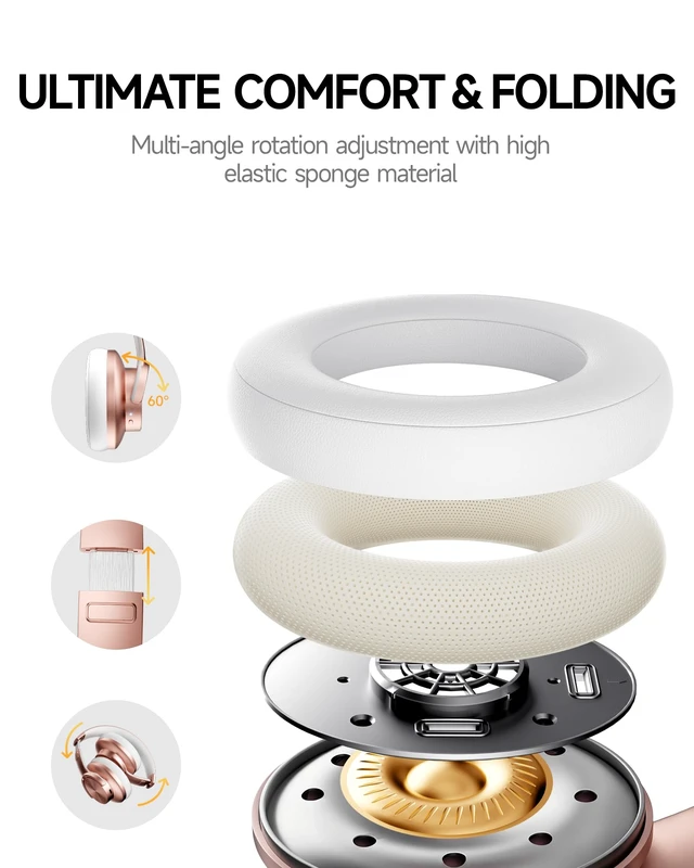 Alt view image 6 of 7 - B8 Wireless Bluetooth Headphones, 120H Playtime, 3EQ Modes, Rose Gold Over-Ear, Built-in Microphone, Multipoint Connection, Foldable, Button & Touch Controls, for Travel Home Office Phone PC