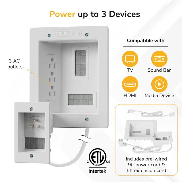 Alt view image 3 of 7 - In-Wall TV Cable Management Kit with Power Triple Outlet, Male Wall Plug and 5ft External & 9ft Behind the Wall Cords, Hand Saw Easy, Safe Cable Management for TV and Home Theater Setups