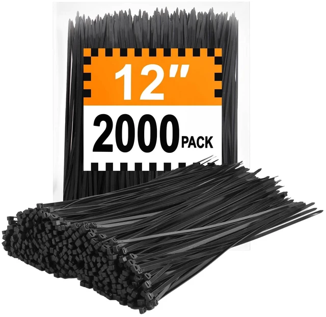 Main image of Zip Ties 12 inch (2000 Pack), 45 lb, Black Wire Ties, UV Resistant Cable Ties for Outdoor Use