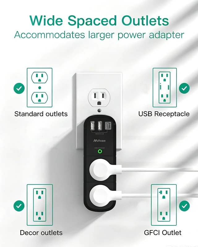 Alt view image 3 of 5 - Outlet Extender with Rotating Plug, 6 AC Multi Plug Outlets 3 USB Ports 2 Pack 3-Sided Swivel Power Strip Spaced Splitter for Home, Travel Essentials