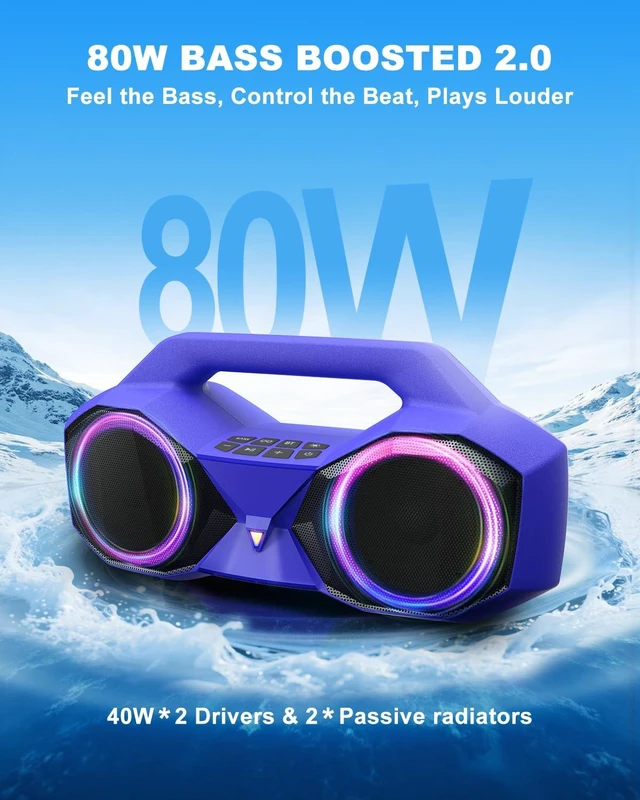 Alt view image 2 of 7 - Bluetooth Speaker Outdoor Loud: 80W(Peak) with Bass, Portable Wireless Speaker with IPX7 Waterproof, 20H Playtime, RGB Lights, TWS for Outside, Beach, Work (Purple)