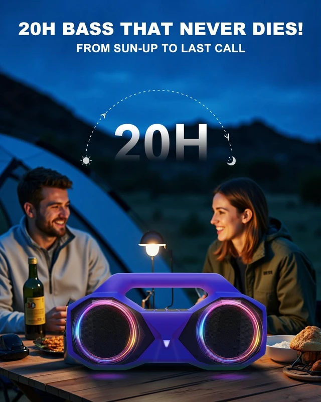 Alt view image 4 of 7 - Bluetooth Speaker Outdoor Loud: 80W(Peak) with Bass, Portable Wireless Speaker with IPX7 Waterproof, 20H Playtime, RGB Lights, TWS for Outside, Beach, Work (Purple)
