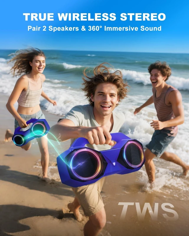 Alt view image 7 of 7 - Bluetooth Speaker Outdoor Loud: 80W(Peak) with Bass, Portable Wireless Speaker with IPX7 Waterproof, 20H Playtime, RGB Lights, TWS for Outside, Beach, Work (Purple)