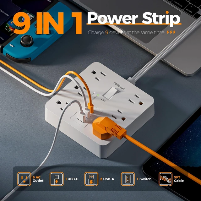 Alt view image 2 of 7 - Surge Protector Power Strip, 5Ft Flat Plug Extension Cord, White 6 Outlets and 4 USB Ports (2 USB C), 1700 Joules Surge Protection, Outlet Extender for Home, Office, Dorm Room Essentials