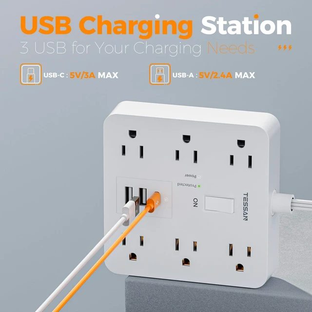 Alt view image 4 of 7 - Surge Protector Power Strip, 5Ft Flat Plug Extension Cord, White 6 Outlets and 4 USB Ports (2 USB C), 1700 Joules Surge Protection, Outlet Extender for Home, Office, Dorm Room Essentials
