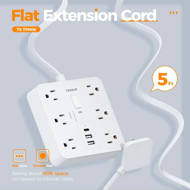 Alt view image 6 of 7 - Surge Protector Power Strip, 5Ft Flat Plug Extension Cord, White 6 Outlets and 4 USB Ports (2 USB C), 1700 Joules Surge Protection, Outlet Extender for Home, Office, Dorm Room Essentials