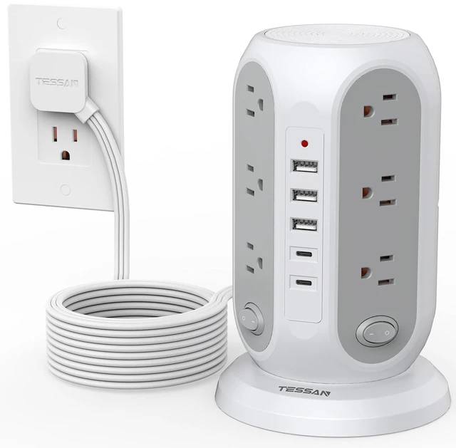 Main image of Tower Power Strip Surge Protector, Flat Extension Cord 15 Ft, Grey Individual Switches with 12 Outlets, 5 USB Ports(2 USB C), Flat Plug, Charging Station for Multiple Devices, Office, Dorm