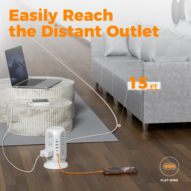 Alt view image 2 of 7 - Tower Power Strip Surge Protector, Flat Extension Cord 15 Ft, Grey Individual Switches with 12 Outlets, 5 USB Ports(2 USB C), Flat Plug, Charging Station for Multiple Devices, Office, Dorm