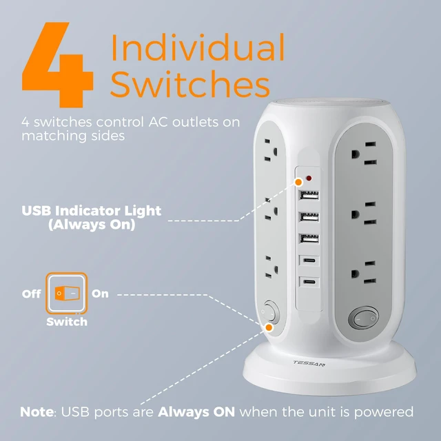 Alt view image 3 of 7 - Tower Power Strip Surge Protector, Flat Extension Cord 15 Ft, Grey Individual Switches with 12 Outlets, 5 USB Ports(2 USB C), Flat Plug, Charging Station for Multiple Devices, Office, Dorm