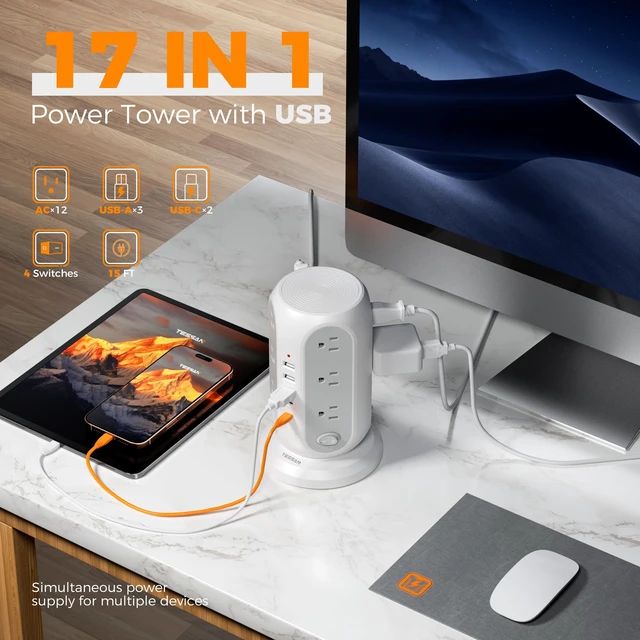 Alt view image 4 of 7 - Tower Power Strip Surge Protector, Flat Extension Cord 15 Ft, Grey Individual Switches with 12 Outlets, 5 USB Ports(2 USB C), Flat Plug, Charging Station for Multiple Devices, Office, Dorm