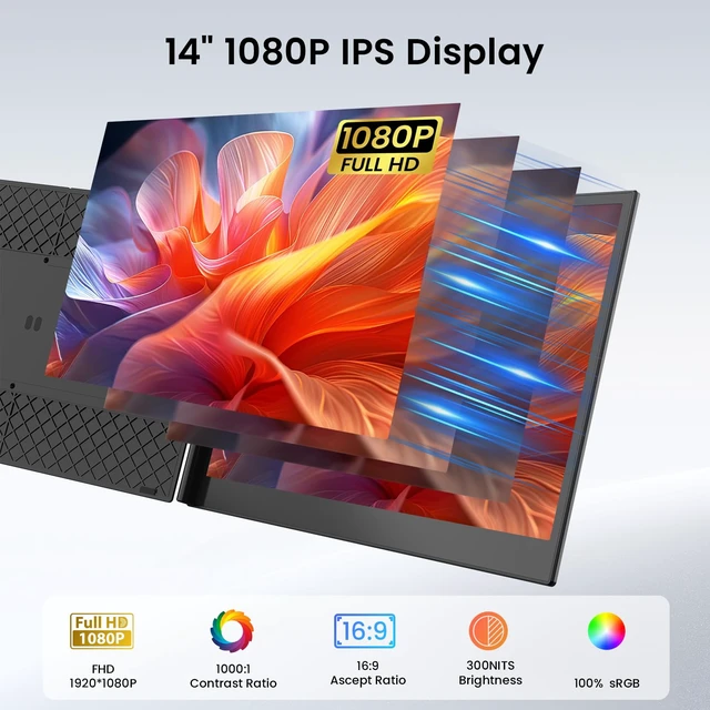 Alt view image 2 of 7 - Laptop Screen Extender, 14 FHD 1080P Portable Monitor for Laptop, 1.4lbs Ultra-Light Dual Monitor, USB-C Plug & Play Travel Monitor Extender for 13-17 Windows/Mac/Android/Chrome