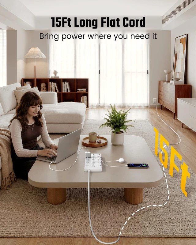 Alt view image 2 of 7 - 15Ft Extension Cord with Multiple Outlets, Flat Plug Power Strip 2100J, 13AC 2 USB C 2 USB A Charging Ports, Surge Protector, Desk Charging Station, Home Office, College Dorm Room Essentials