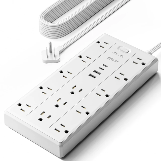 Main image of 15Ft Extension Cord with Multiple Outlets, Flat Plug Power Strip 2100J, 13AC 2 USB C 2 USB A Charging Ports, Surge Protector, Desk Charging Station, Home Office, College Dorm Room Essentials
