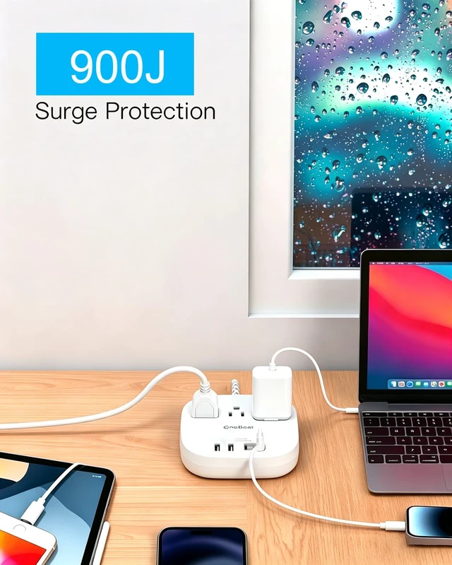 Alt view image 2 of 6 - Extension Cord 10 Ft, 22.5W/4.5A Surge Protector Power Strip 10Ft Long Cord 3 Outlets 4 USB Ports (2 USBC), Desktop Charging Station Power Strip Long Cord for Home Office College Dorm Essentials