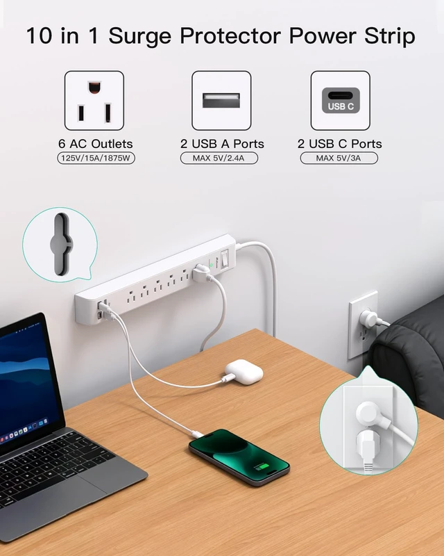 Alt view image 2 of 7 - 2 Pack Power Strip, 5FT Extension Cord, Surge Protector with 6 Outlets and 4 USB Ports (2 USB C), Flat Plug Overload Protection, Extension Cord with Multiple Outlets, Wall Mount for Home Dorm College