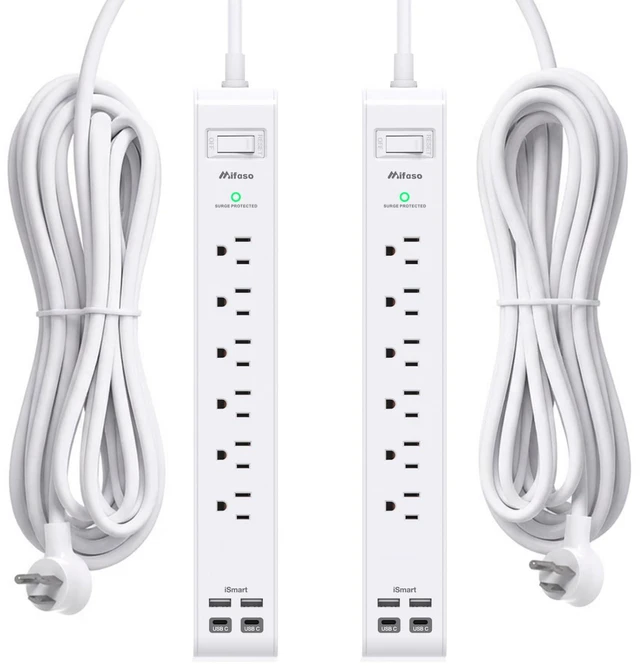 Main image of 2 Pack Power Strip, Extension Cord 15FT, Surge Protector with 6 Outlets and 4 USB Ports (2 USB C), Flat Plug Overload Protection, Extension Cord with Multiple Outlets, Wall Mount for Home Dorm College