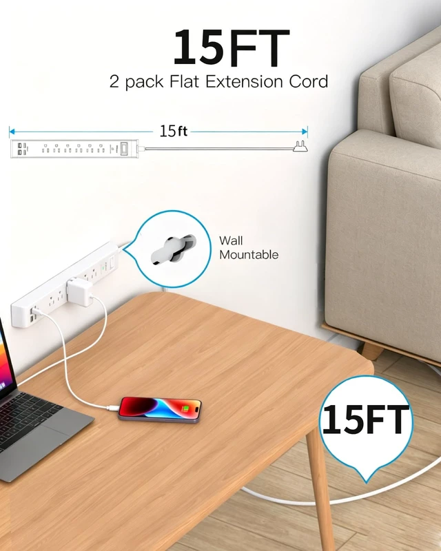 Alt view image 2 of 7 - 2 Pack Power Strip, Extension Cord 15FT, Surge Protector with 6 Outlets and 4 USB Ports (2 USB C), Flat Plug Overload Protection, Extension Cord with Multiple Outlets, Wall Mount for Home Dorm College