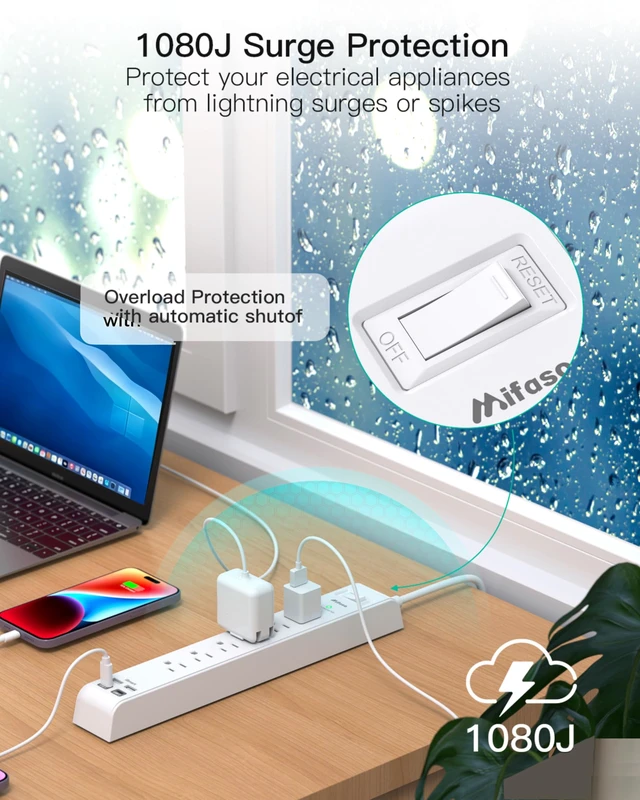 Alt view image 3 of 7 - 2 Pack Power Strip, 5FT Extension Cord, Surge Protector with 6 Outlets and 4 USB Ports (2 USB C), Flat Plug Overload Protection, Extension Cord with Multiple Outlets, Wall Mount for Home Dorm College