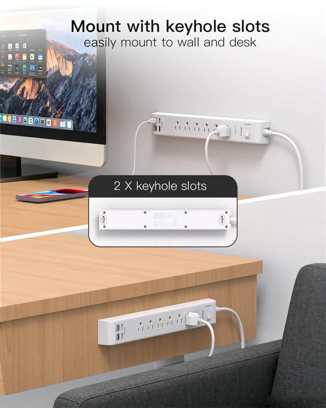 Alt view image 6 of 7 - 2 Pack Power Strip, 5FT Extension Cord, Surge Protector with 6 Outlets and 4 USB Ports (2 USB C), Flat Plug Overload Protection, Extension Cord with Multiple Outlets, Wall Mount for Home Dorm College