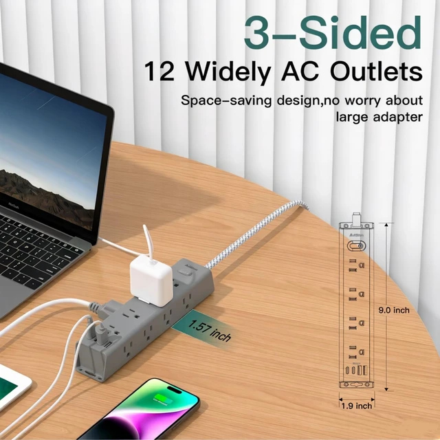 Alt view image 6 of 7 - 10FT Extension Cord, Power Strip Surge Protector with 12 AC Outlets & 4 USB Flat Plug, 1050J Overload Protection, Wall Outlet Extender for Home Office Dorm Living Room Bedroom Essentials, ETL Listed