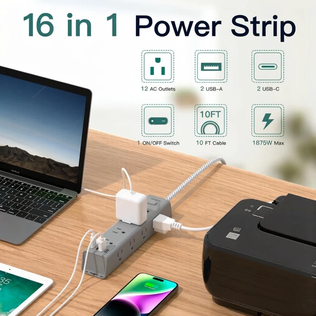 Alt view image 2 of 7 - 10FT Extension Cord, Power Strip Surge Protector with 12 AC Outlets & 4 USB Flat Plug, 1050J Overload Protection, Wall Outlet Extender for Home Office Dorm Living Room Bedroom Essentials, ETL Listed