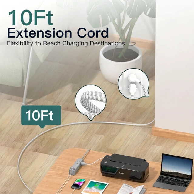 Alt view image 3 of 7 - 10FT Extension Cord, Power Strip Surge Protector with 12 AC Outlets & 4 USB Flat Plug, 1050J Overload Protection, Wall Outlet Extender for Home Office Dorm Living Room Bedroom Essentials, ETL Listed