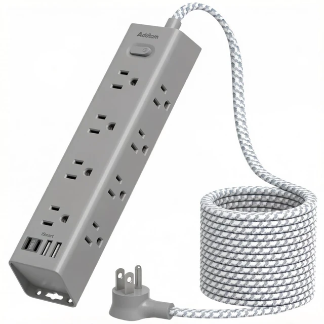 Main image of 10FT Extension Cord, Power Strip Surge Protector with 12 AC Outlets & 4 USB Flat Plug, 1050J Overload Protection, Wall Outlet Extender for Home Office Dorm Living Room Bedroom Essentials, ETL Listed