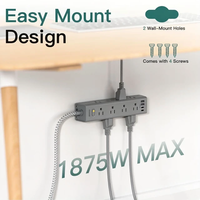 Alt view image 4 of 7 - 10FT Extension Cord, Power Strip Surge Protector with 12 AC Outlets & 4 USB Flat Plug, 1050J Overload Protection, Wall Outlet Extender for Home Office Dorm Living Room Bedroom Essentials, ETL Listed