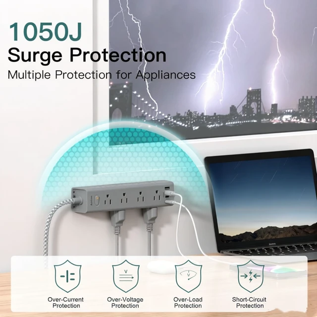 Alt view image 5 of 7 - 10FT Extension Cord, Power Strip Surge Protector with 12 AC Outlets & 4 USB Flat Plug, 1050J Overload Protection, Wall Outlet Extender for Home Office Dorm Living Room Bedroom Essentials, ETL Listed