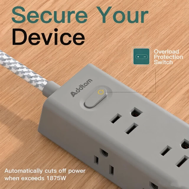 Alt view image 7 of 7 - 10FT Extension Cord, Power Strip Surge Protector with 12 AC Outlets & 4 USB Flat Plug, 1050J Overload Protection, Wall Outlet Extender for Home Office Dorm Living Room Bedroom Essentials, ETL Listed