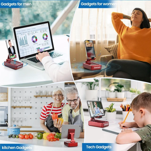 Alt view image 3 of 7 - Bluetooth Speaker with Cell Phone Stand,Gifts for Men Tech Gadgets Big Sound & Clear Bass, Wireless Audio Speaker Stand for iPhone/Android, Foldable Adjustable Phone Holder for Home Office