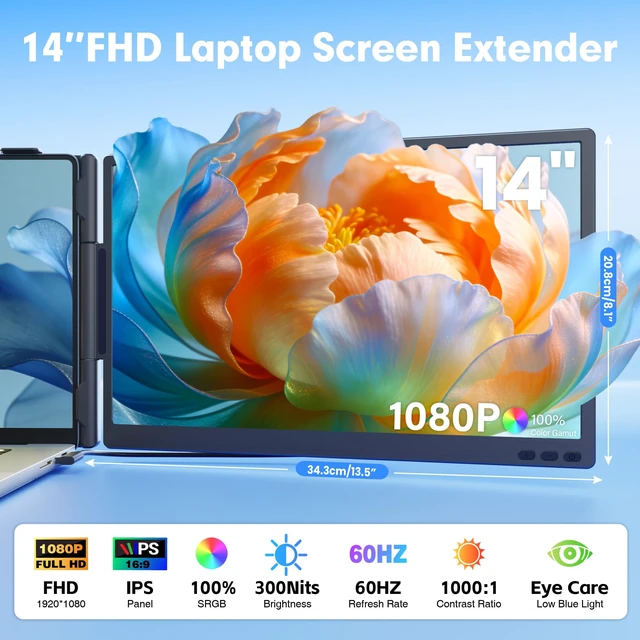 Alt view image 3 of 7 - 14.2" Laptop Screen Extender, Ultra-Thin & Ultra-Portable Dual Portable Monitor with 1080P FHD IPS, USB-C/HDMI Plug-Play Second Monitor fit 13-17'' Laptops (Win/Mac/Chrome/Android)
